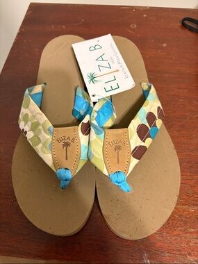 Eliza B. Printed Fabric Thong Sandals in Aqua & Lime